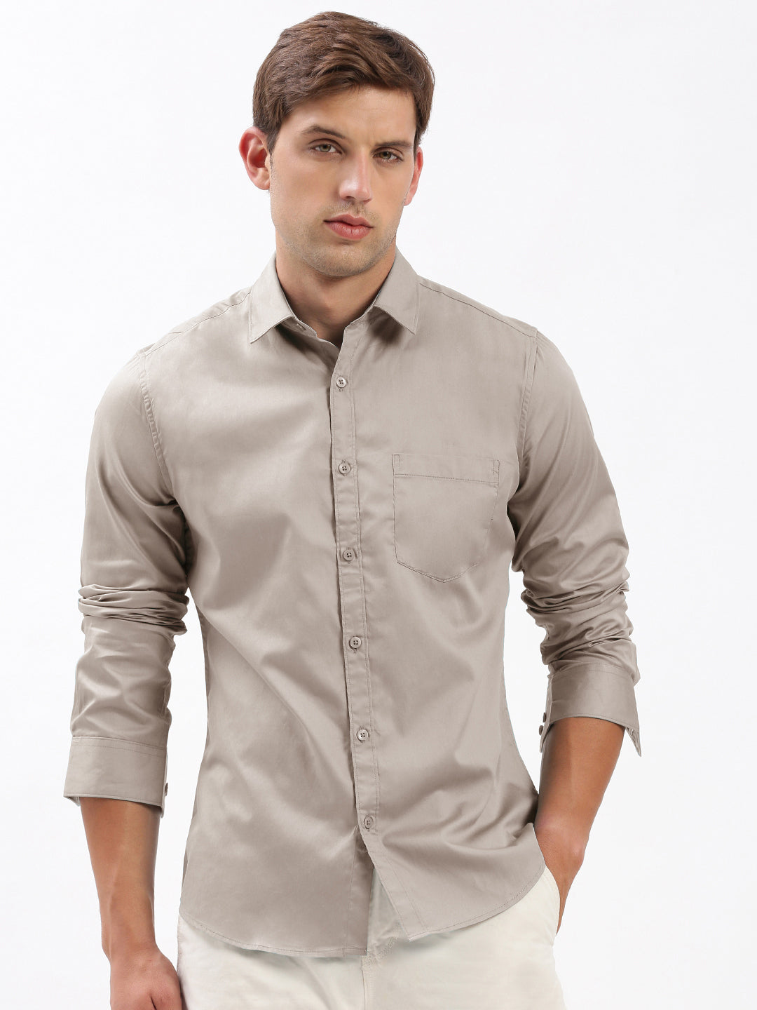 Men Spread Collar Solid Beige Shirt