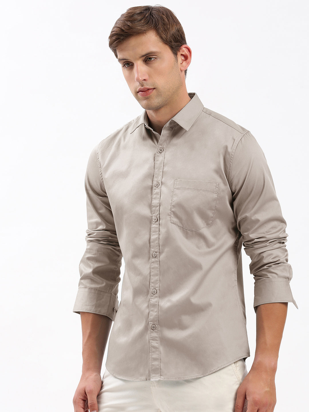 Men Spread Collar Solid Beige Shirt