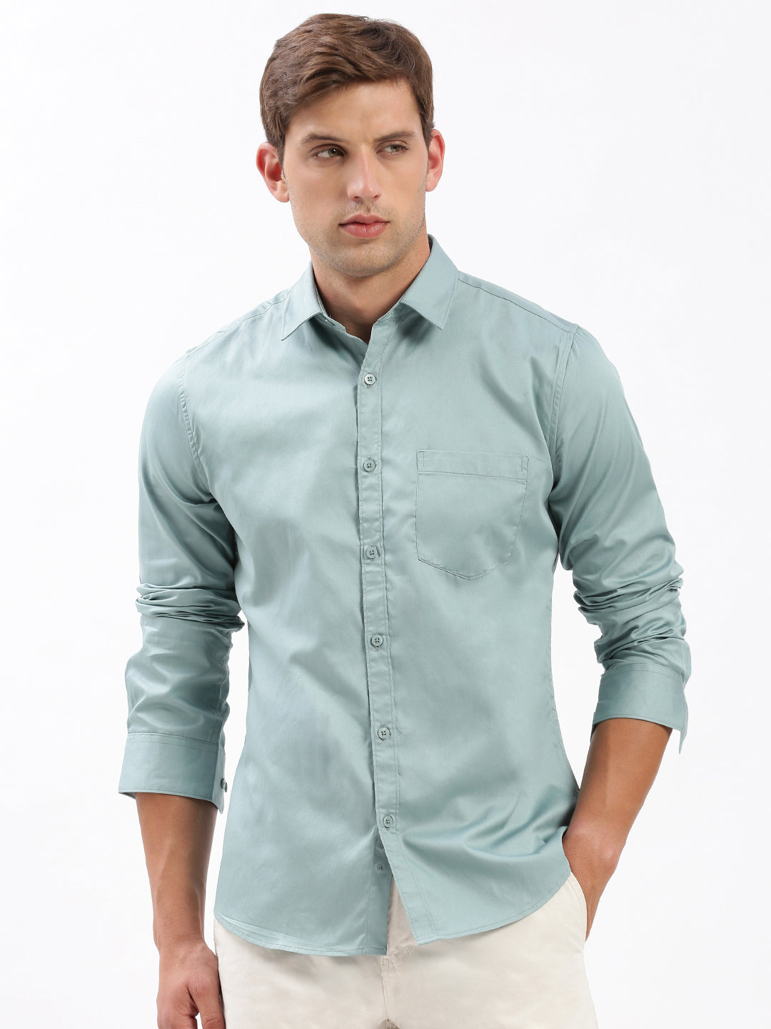 Men Spread Collar Solid Sea Green Shirt