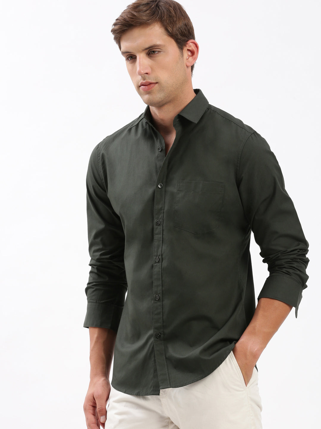 Men Spread Collar Solid Green Shirt