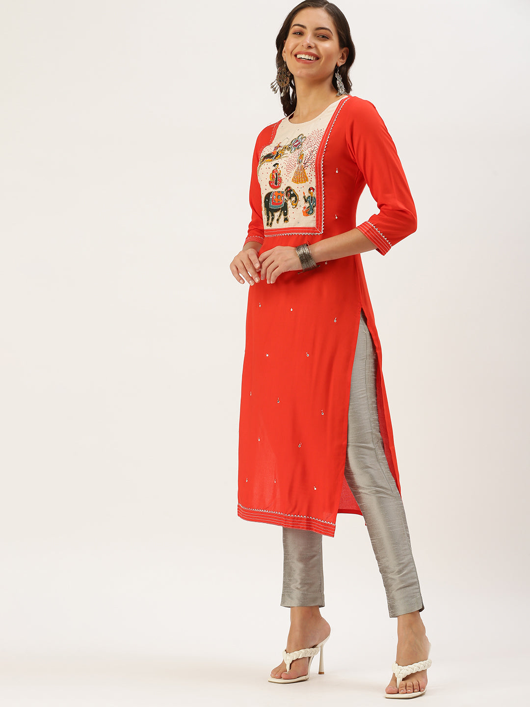 Women's Orange Embellished Straight Kurta