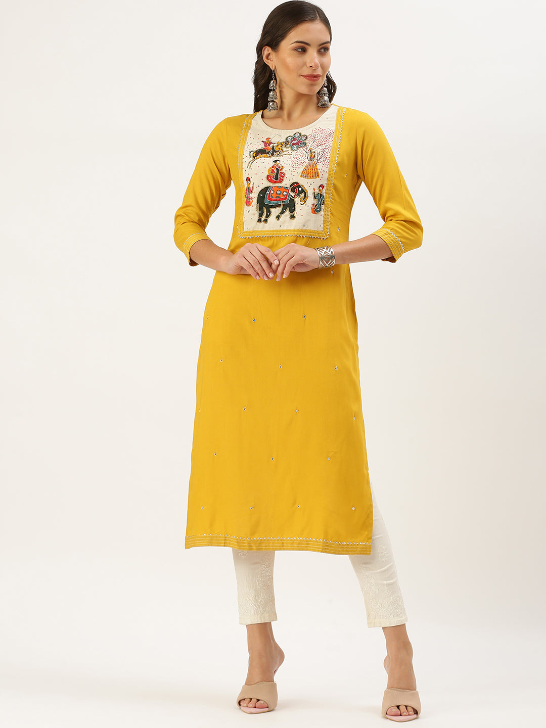 Women's Yellow Embellished Straight Kurta