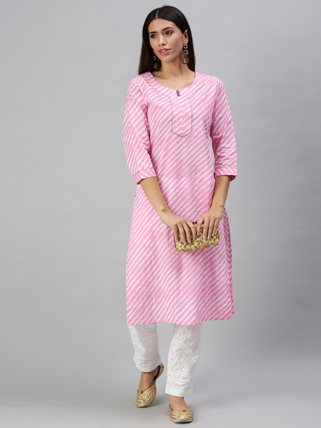 Women's Pink & White Striped Kurta Sets