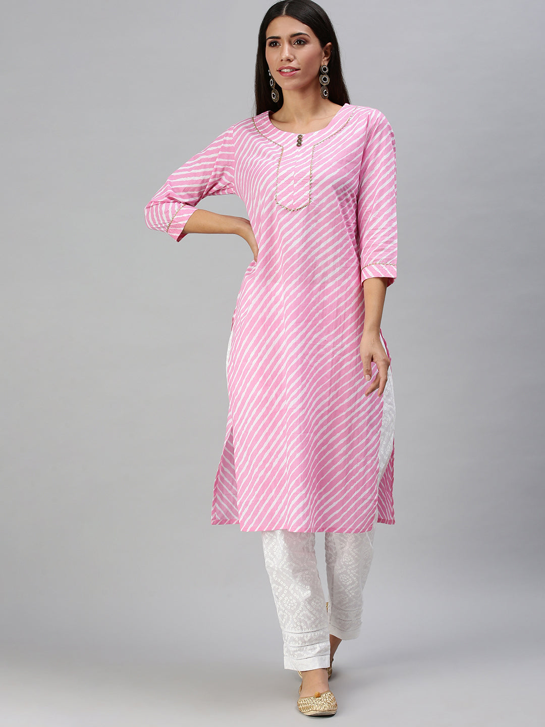 Women's Pink & White Striped Kurta Sets