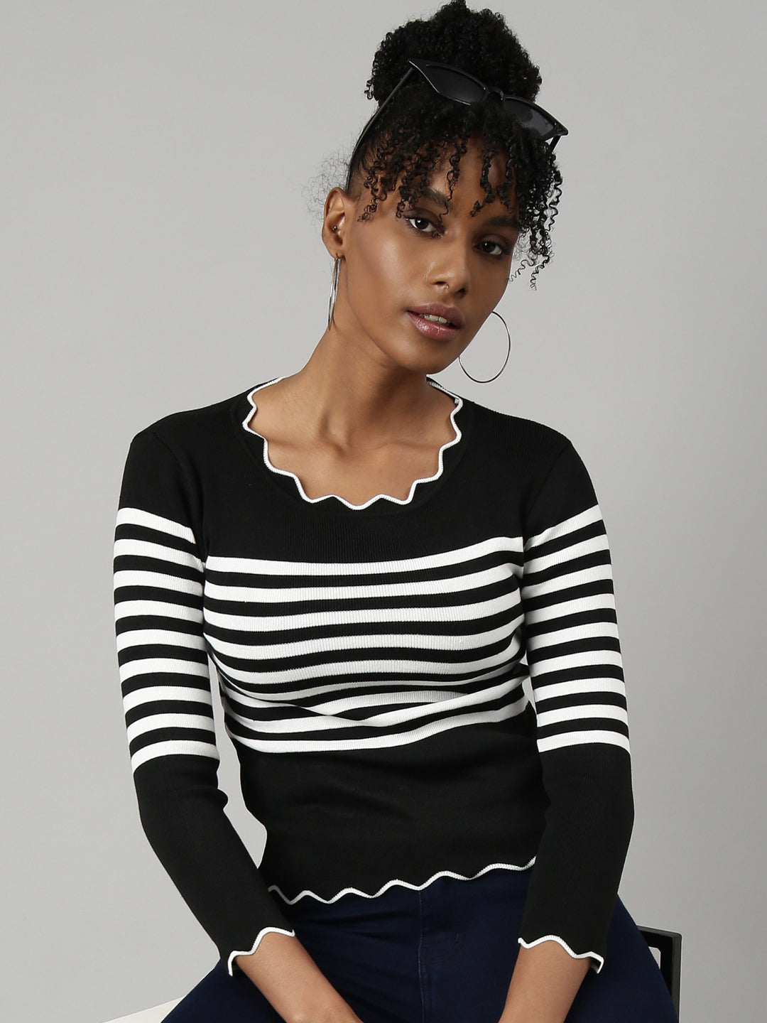 Women Black Horizontal Stripes Fitted Top