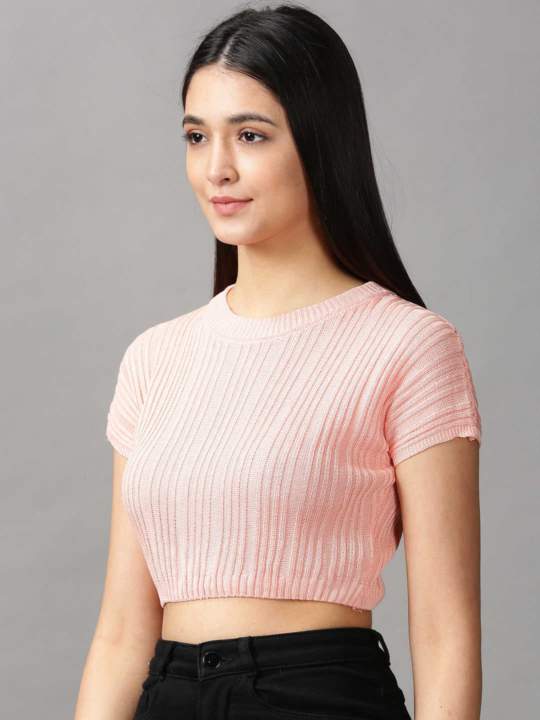 Women's Peach Solid Fitted Crop Top