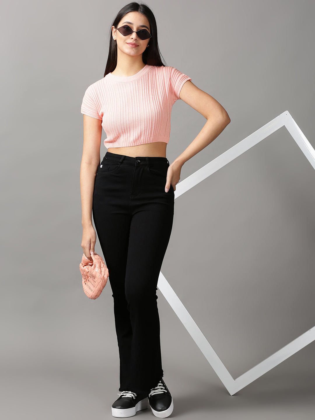 Women's Peach Solid Fitted Crop Top