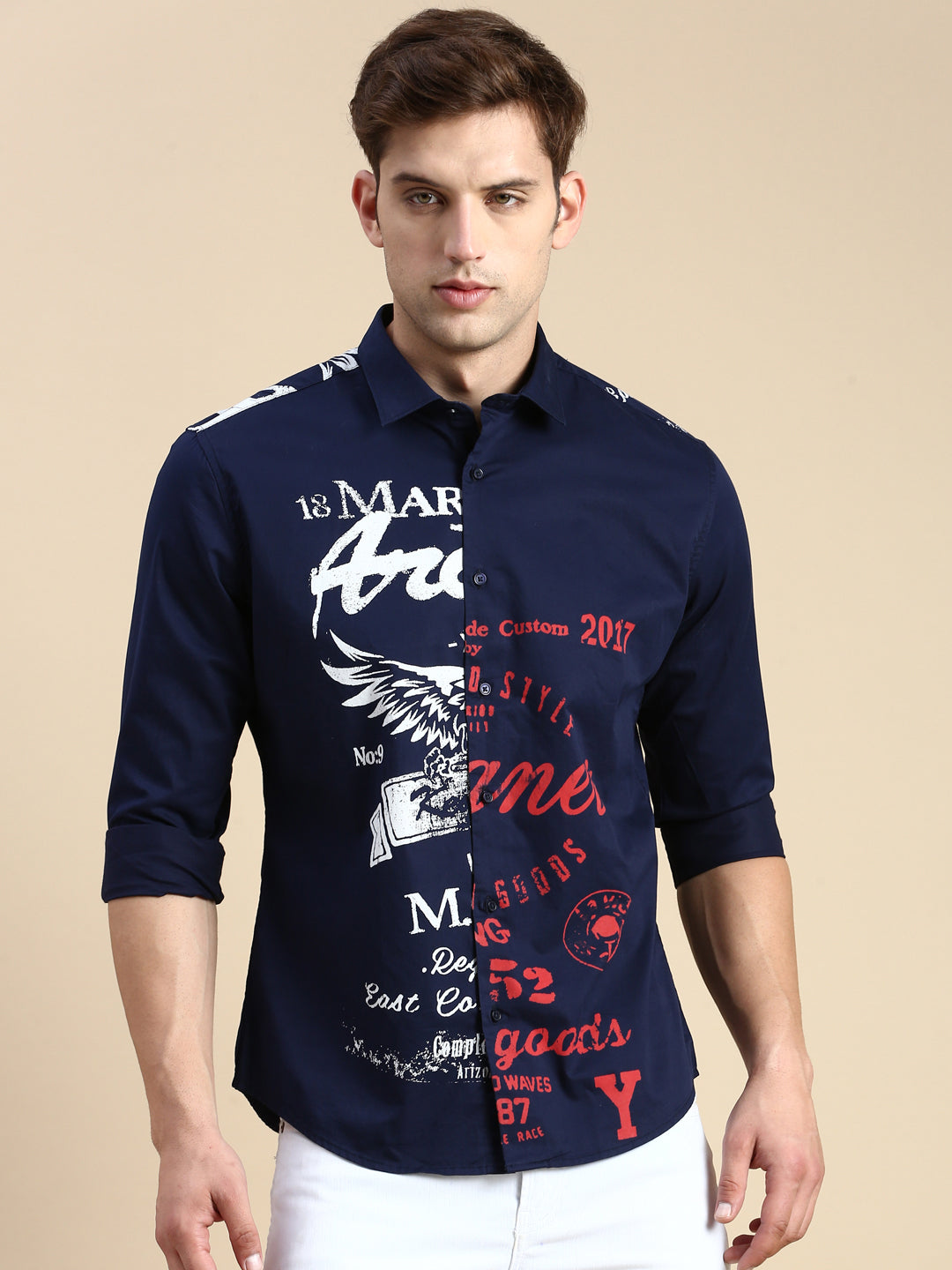 Men Navy Printed Casual Shirt