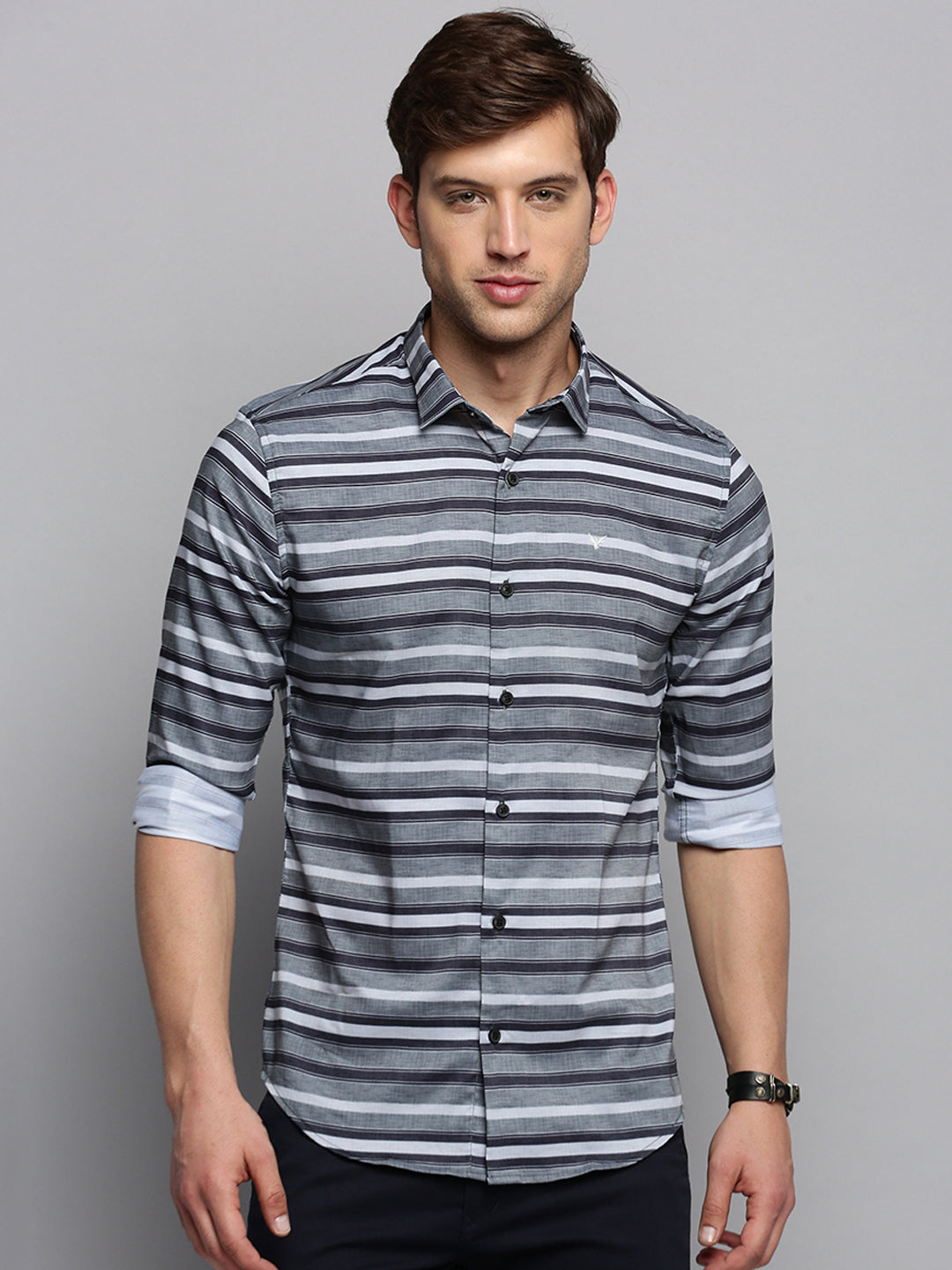 Men Grey Striped Casual Shirt