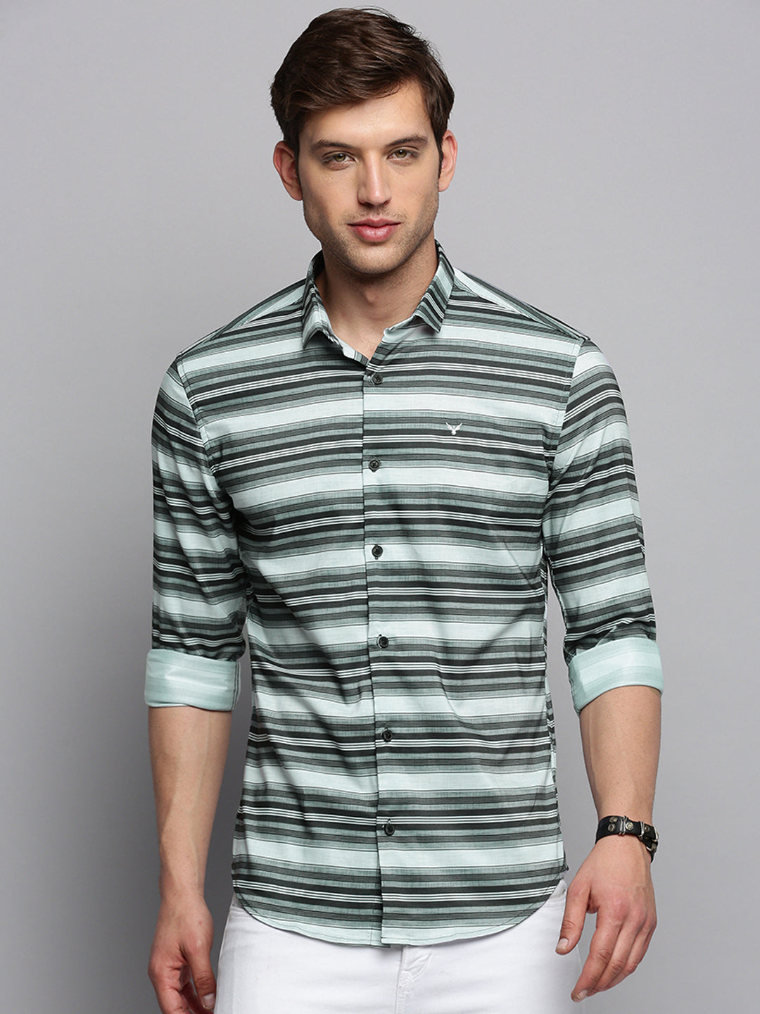 Men Green Striped Formal Shirt
