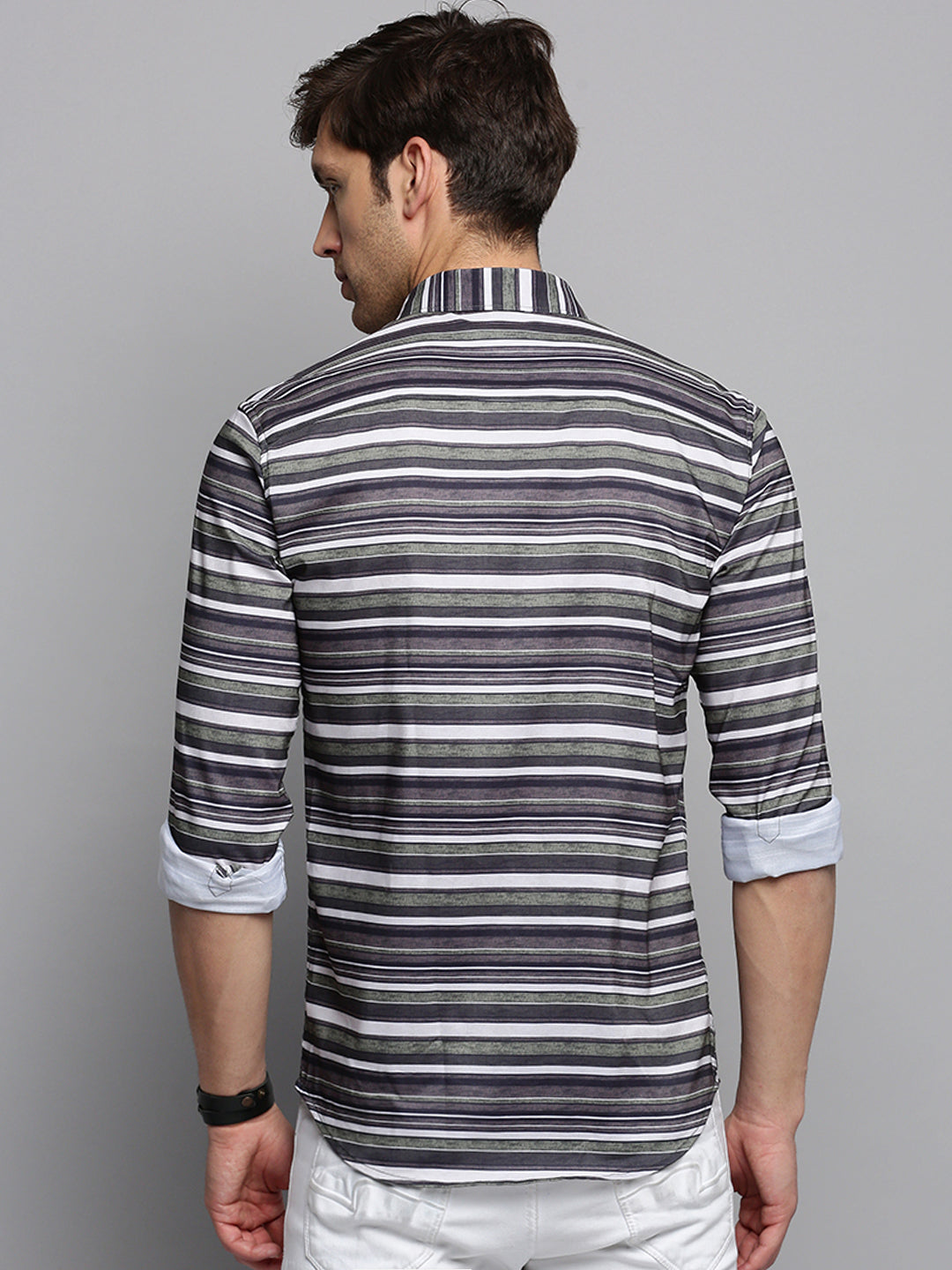 Men Green Striped Casual Shirt