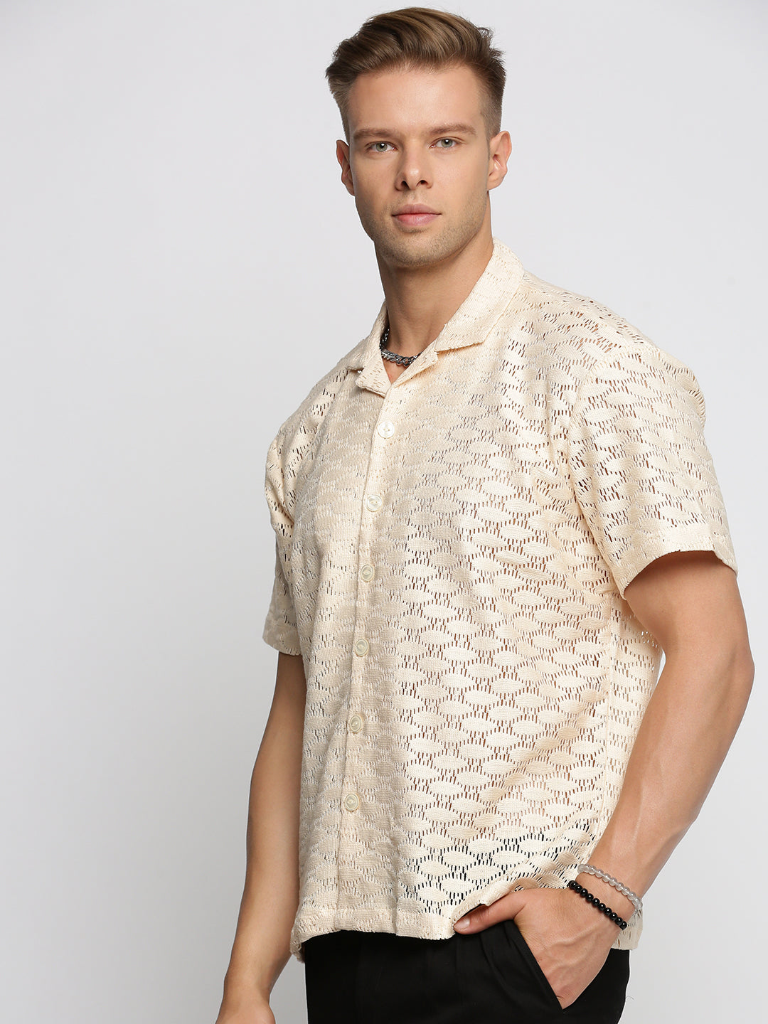 Men Cream Cuban Collar Solid Crochet Shirt