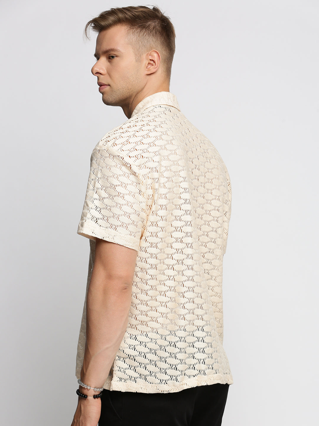 Men Cream Cuban Collar Solid Crochet Shirt