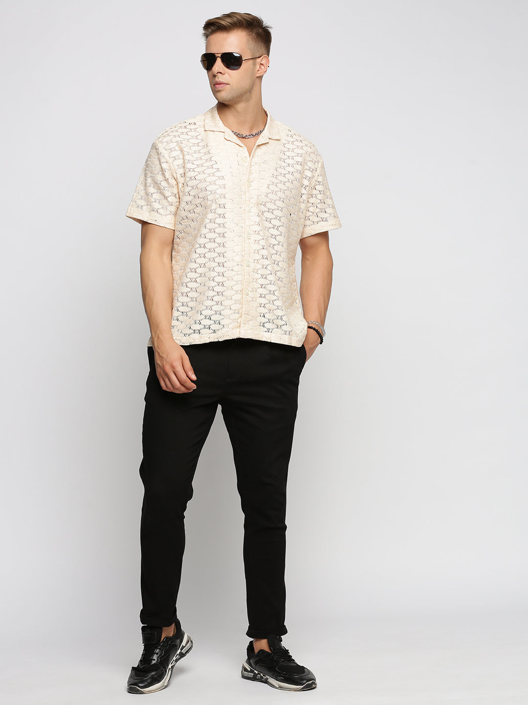 Men Cream Cuban Collar Solid Crochet Shirt