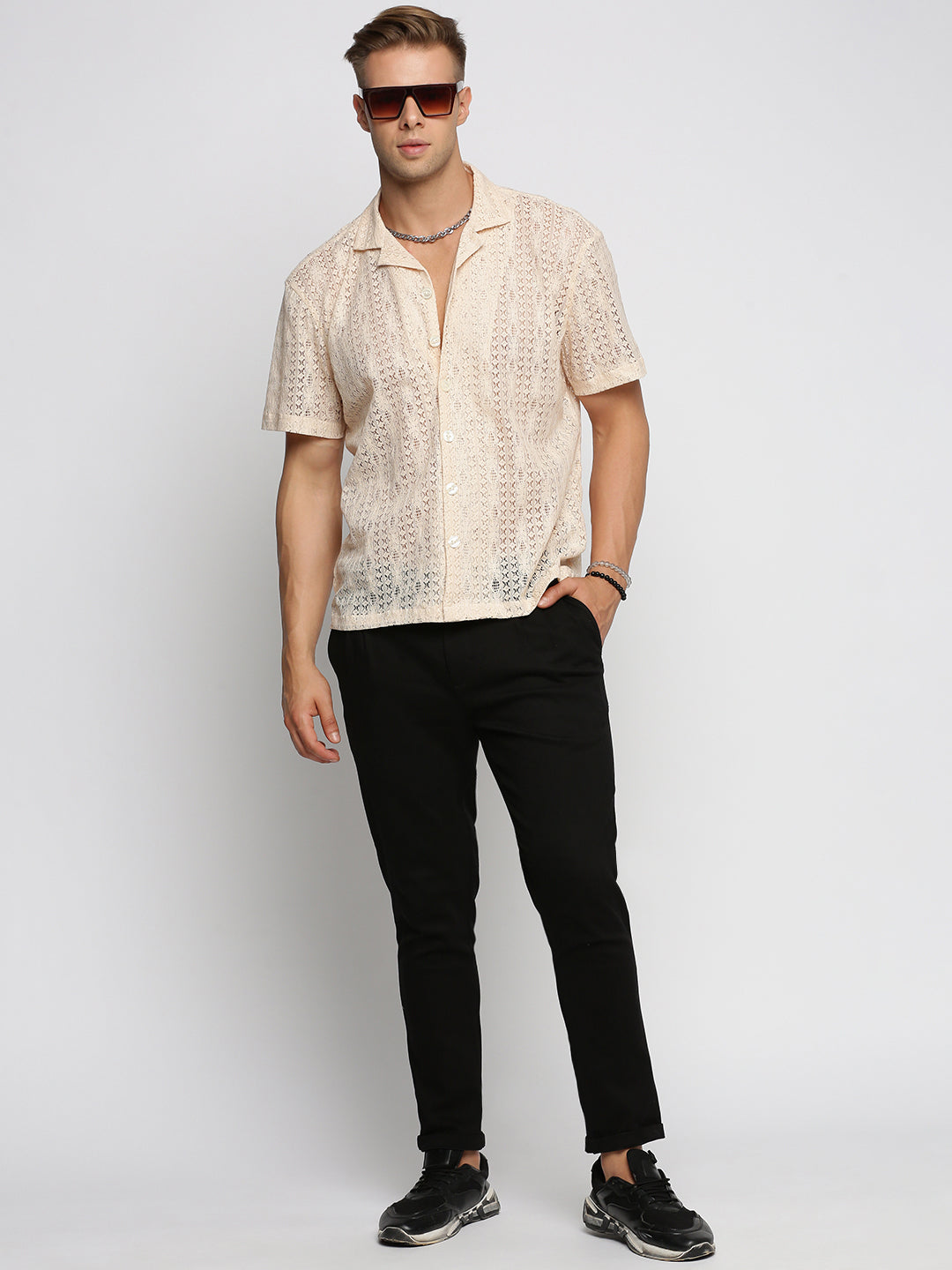 Men Cream Cuban Collar Solid Crochet Shirt