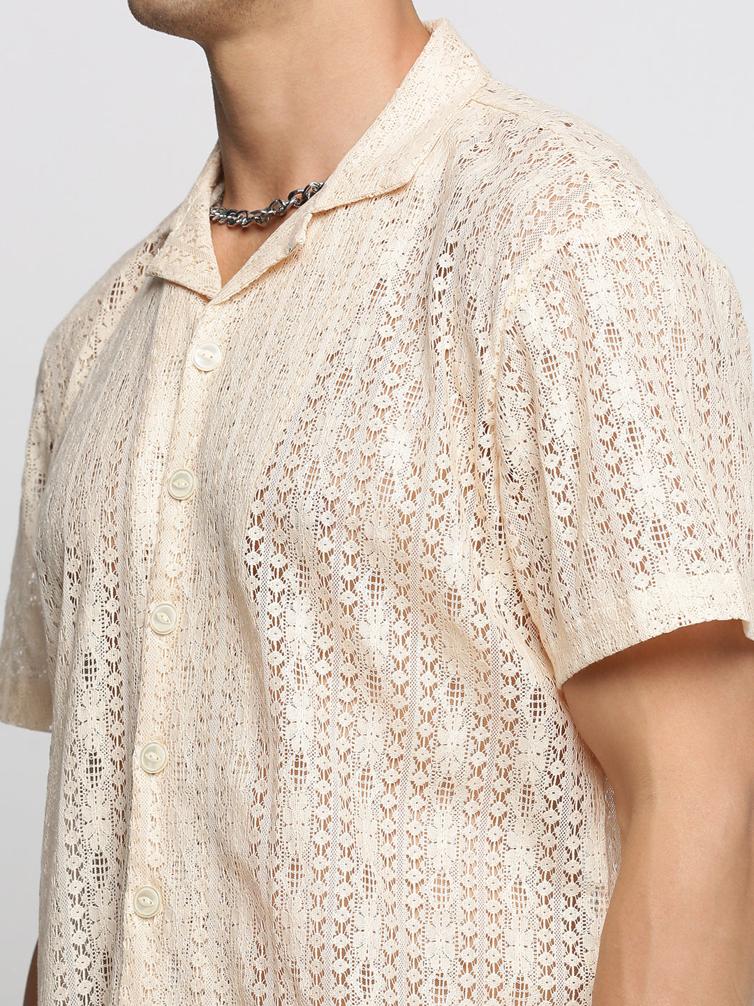 Men Cream Cuban Collar Solid Crochet Shirt