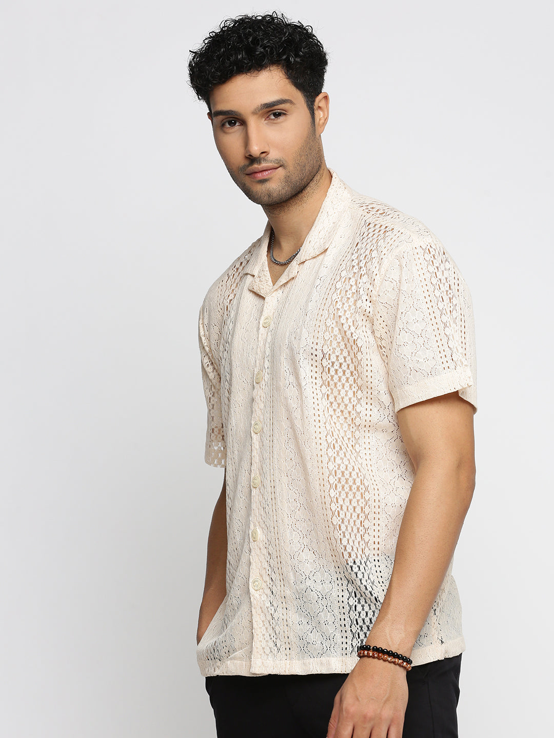 Men Cream Cuban Collar Solid Crochet Shirt