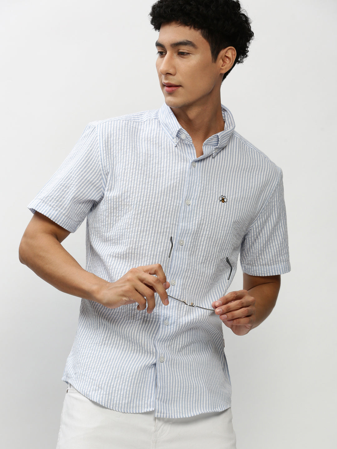 Men White Striped Casual Casual Shirts