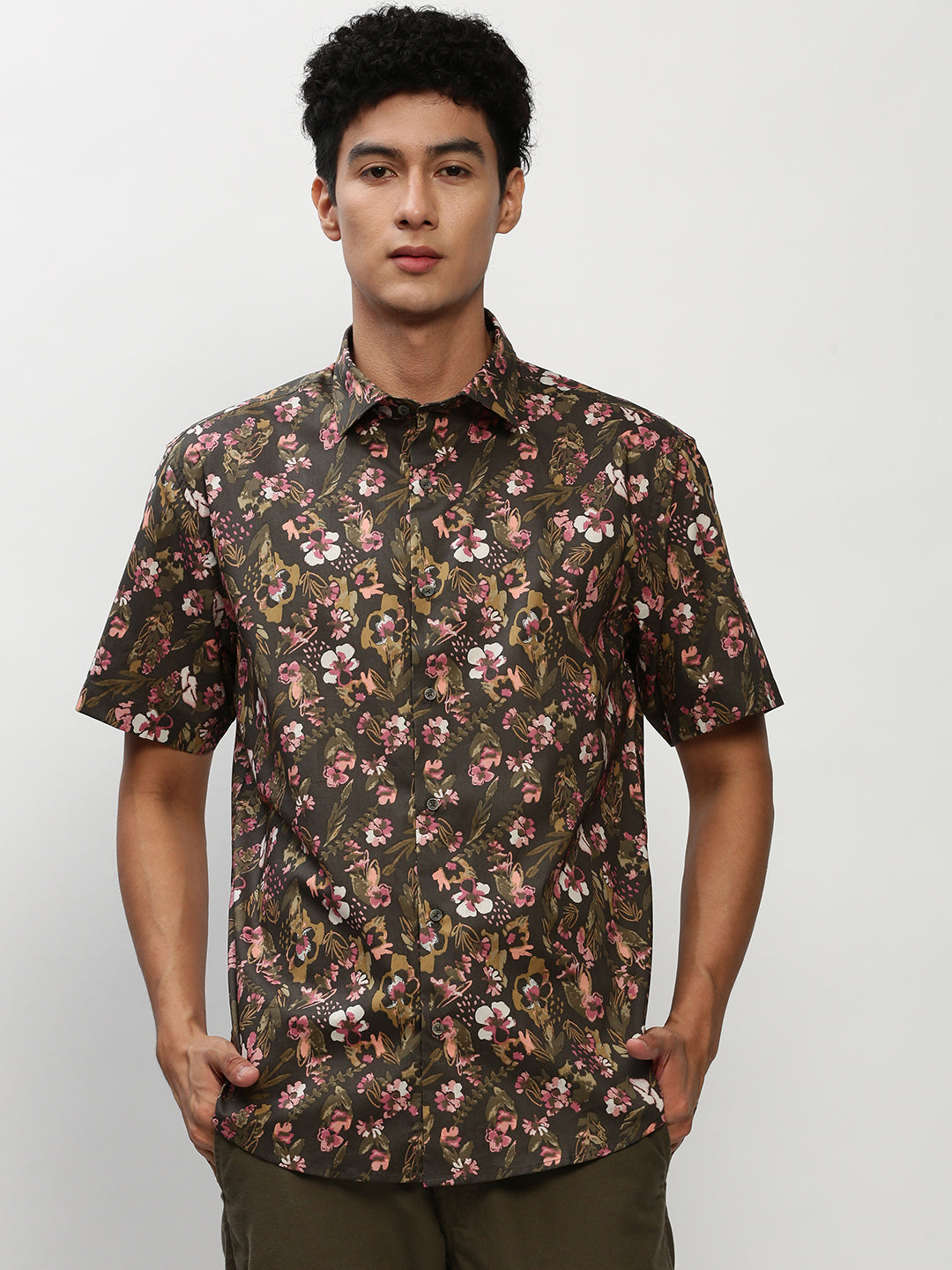Men Green Floral Casual Casual Shirts