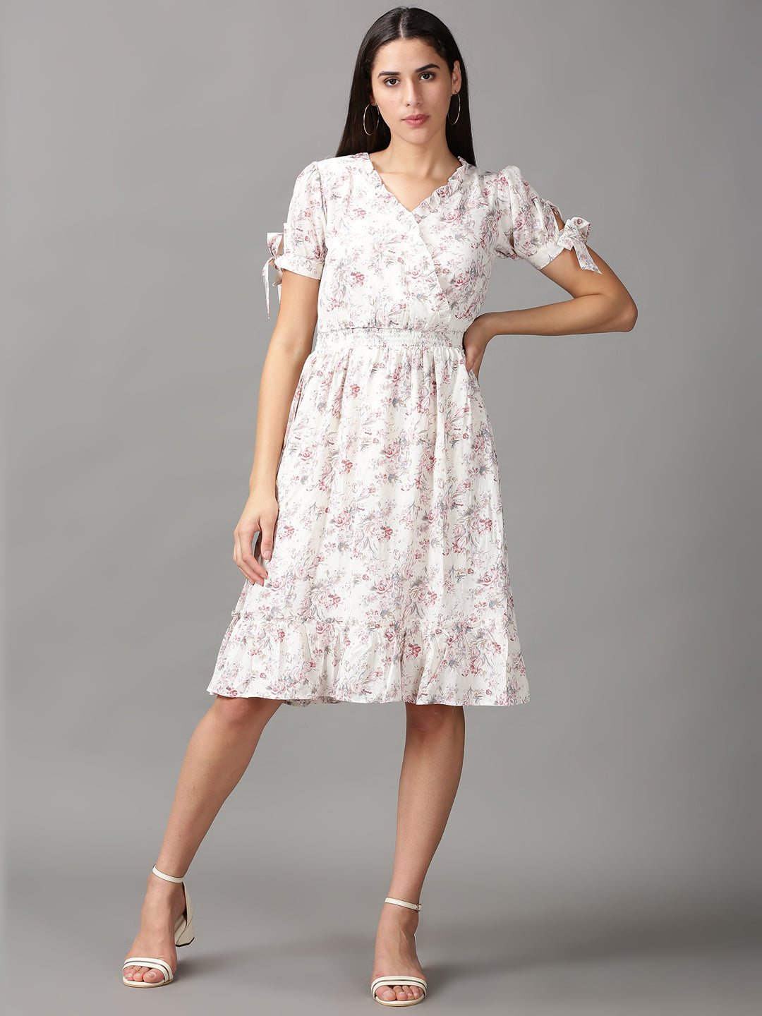 Women's CreamPink Floral Fit and Flare Dress