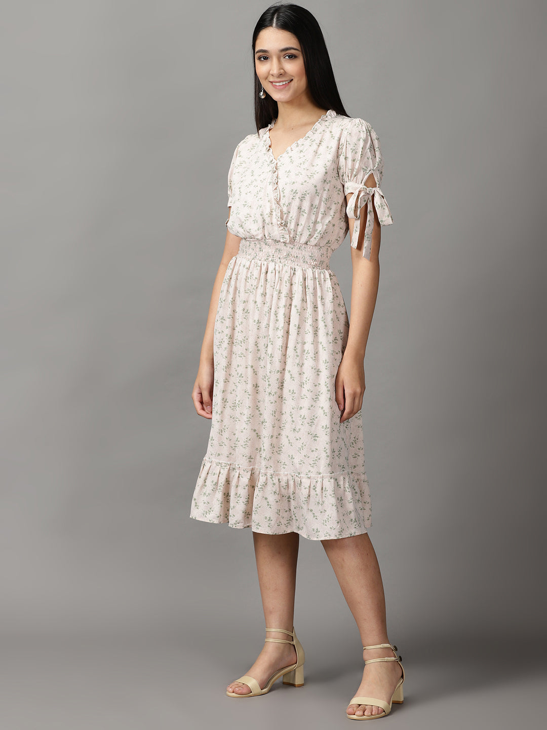Women's Cream Floral Fit and Flare Dress