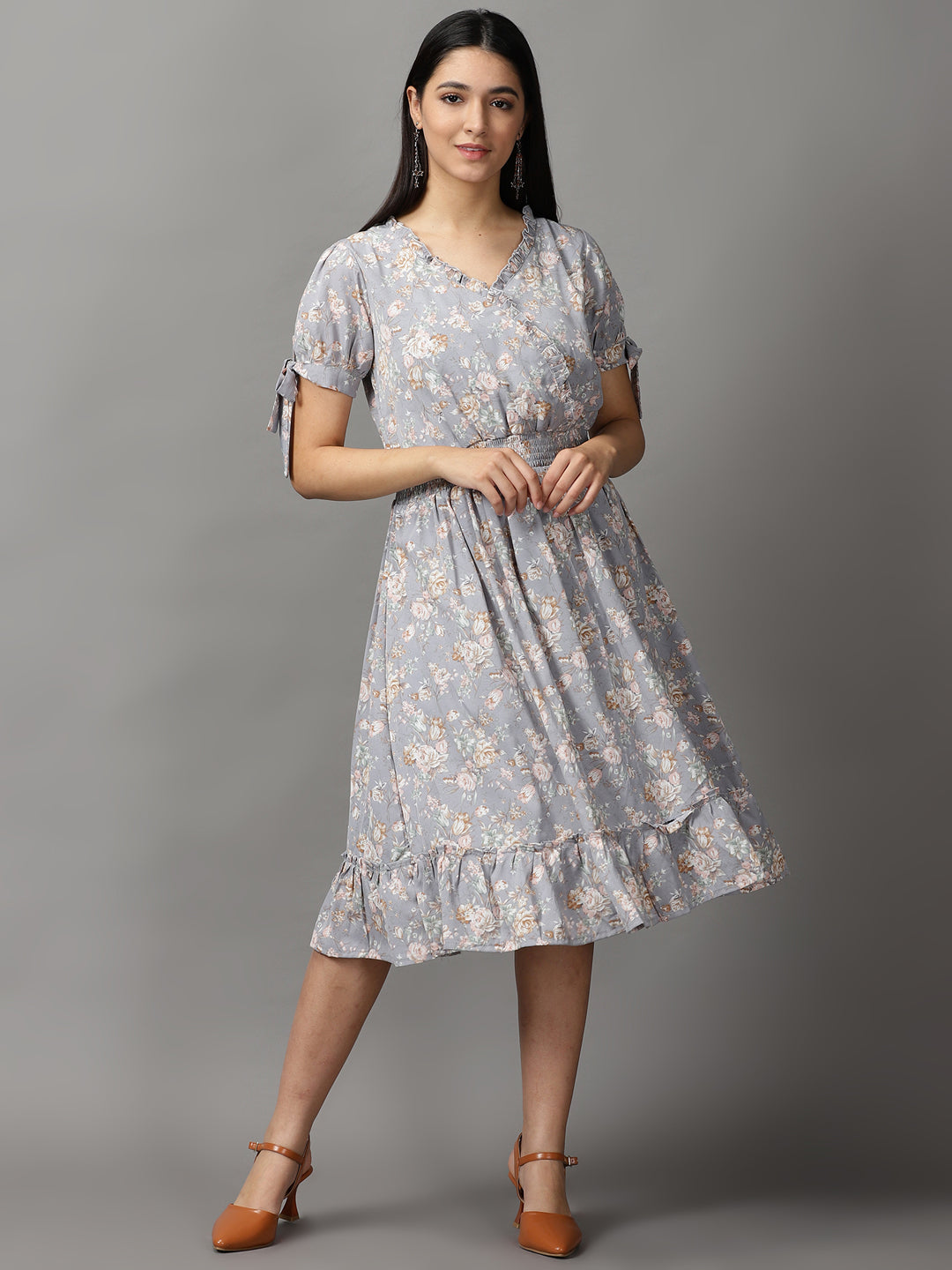 Women's Grey Floral Fit and Flare Dress