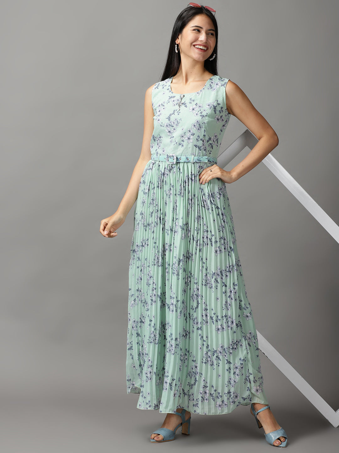 Women's Green Floral Fit and Flare Dress