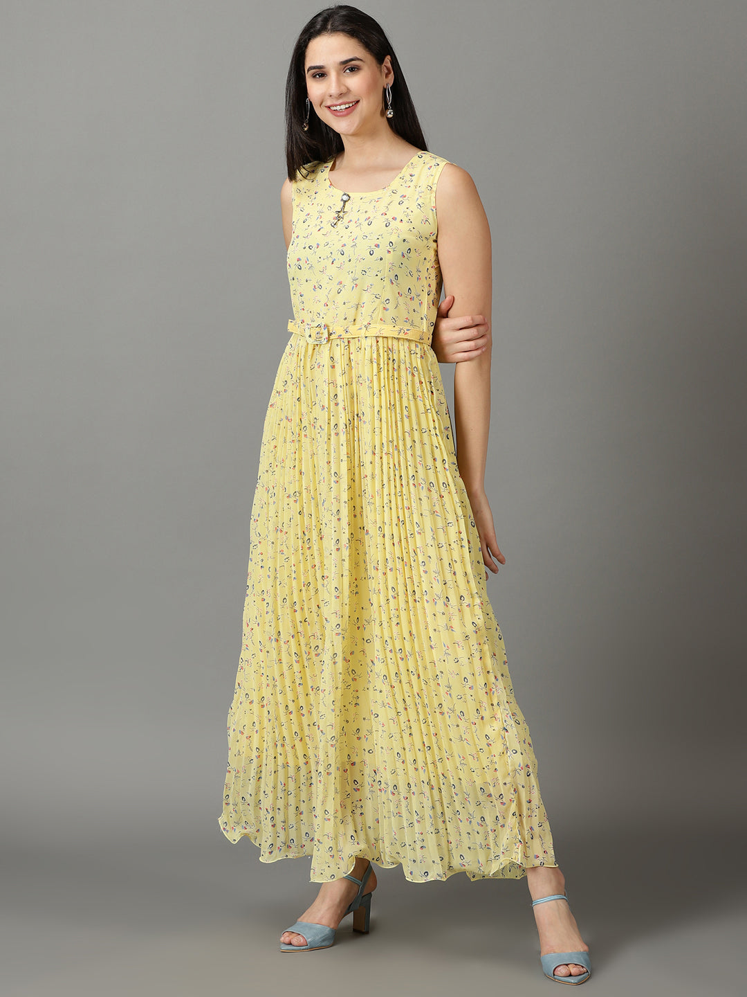 Women's Yellow Printed Fit and Flare Dress