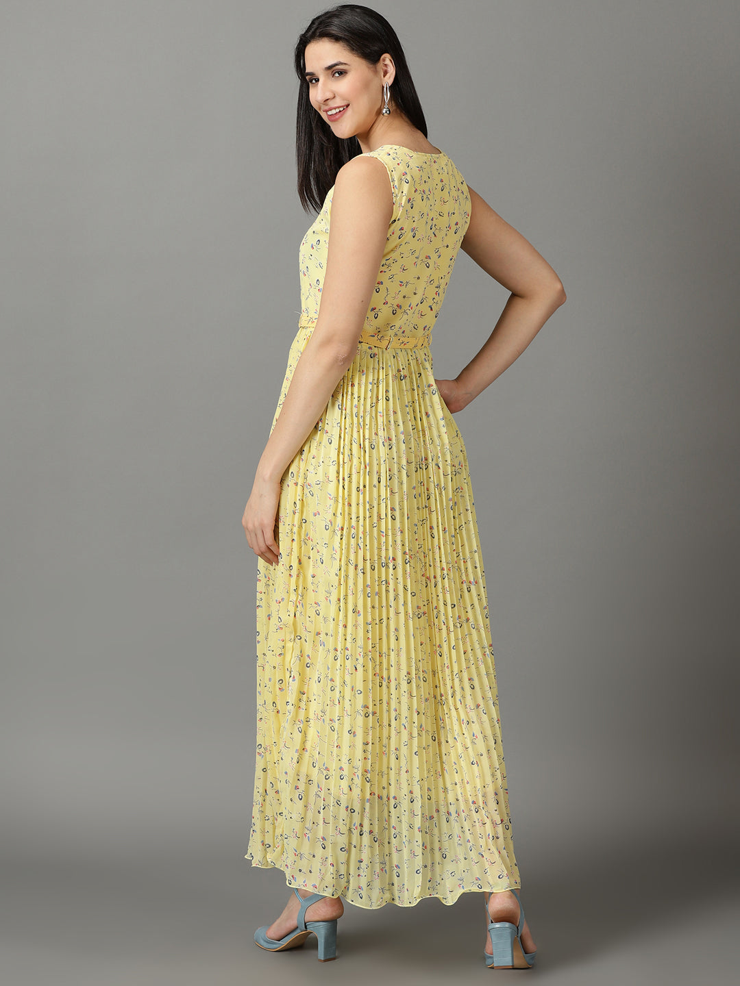 Women's Yellow Printed Fit and Flare Dress