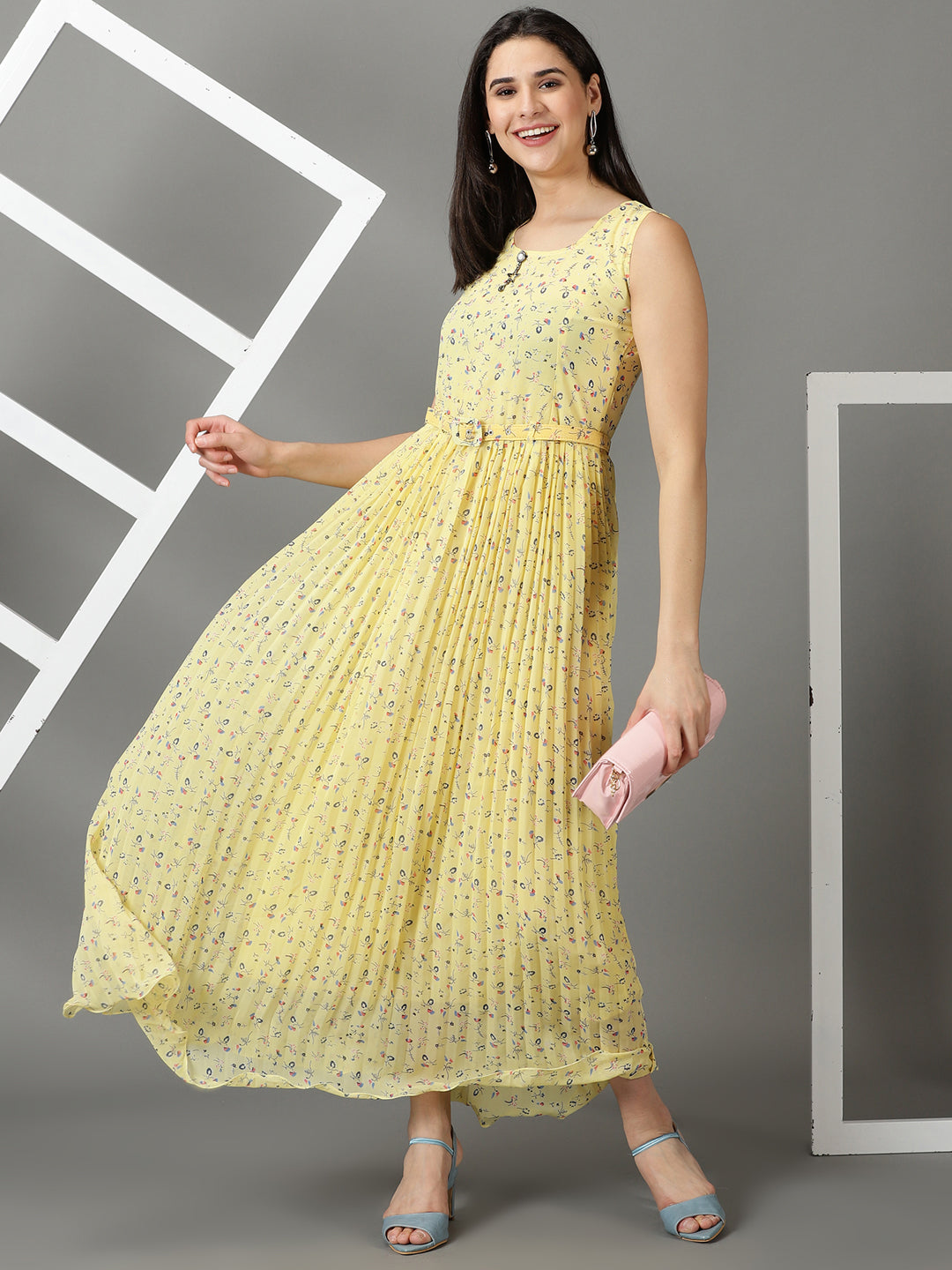 Women's Yellow Printed Fit and Flare Dress