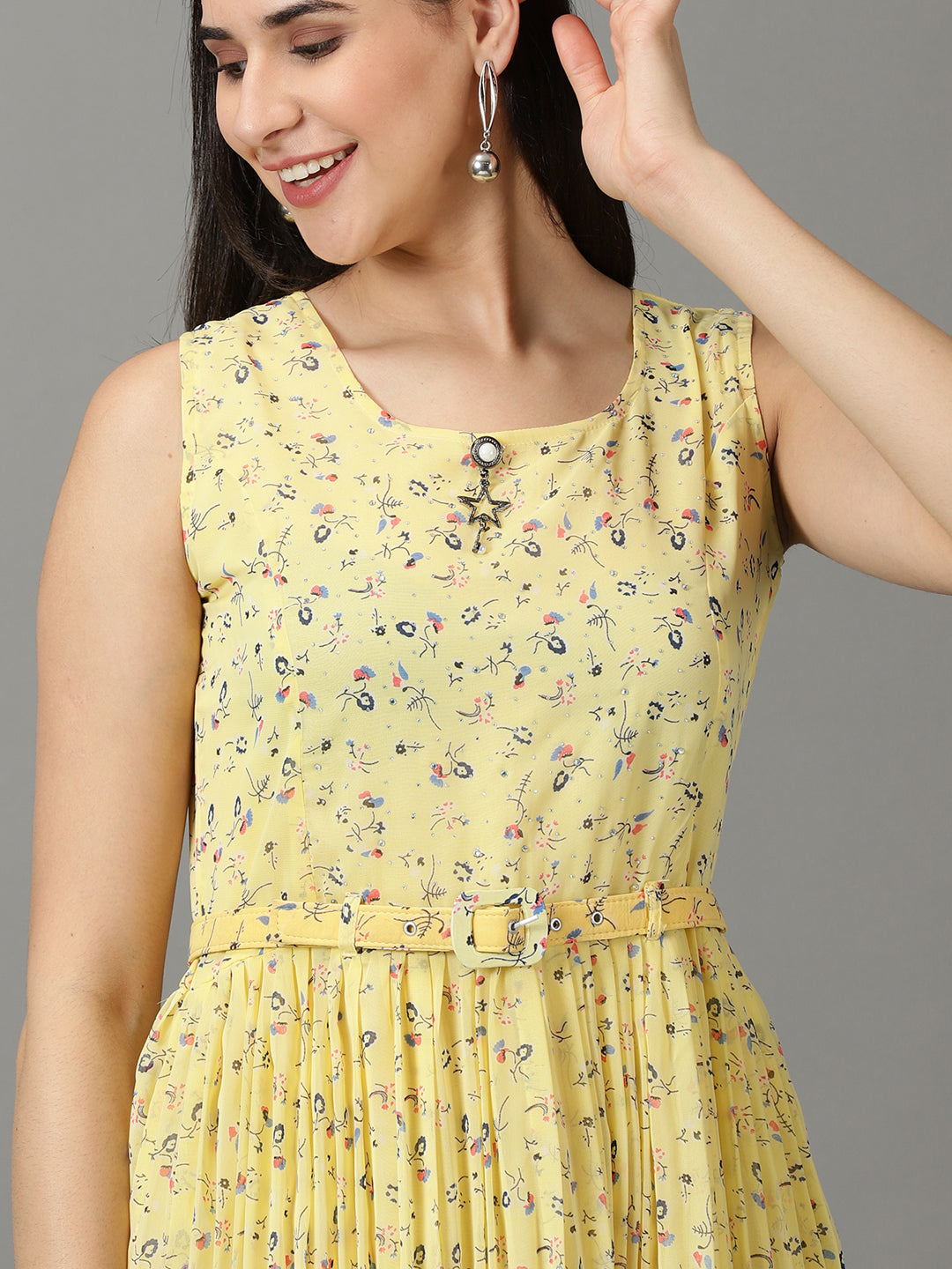 Women's Yellow Printed Fit and Flare Dress