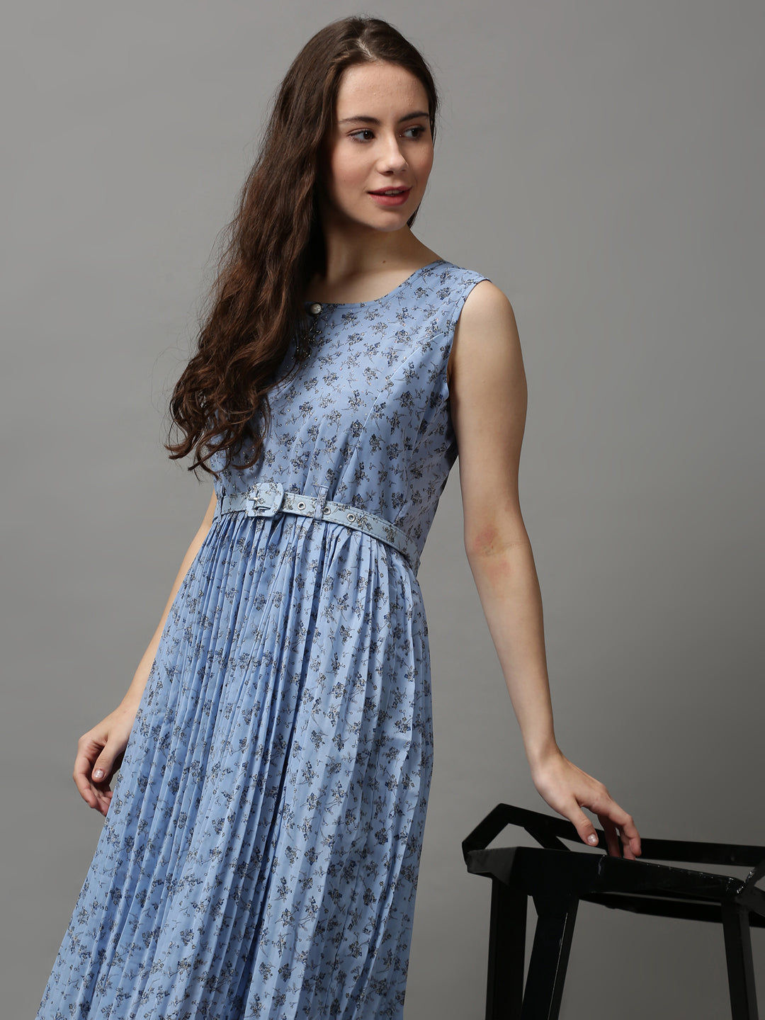 Women's Blue Printed A-Line Dress