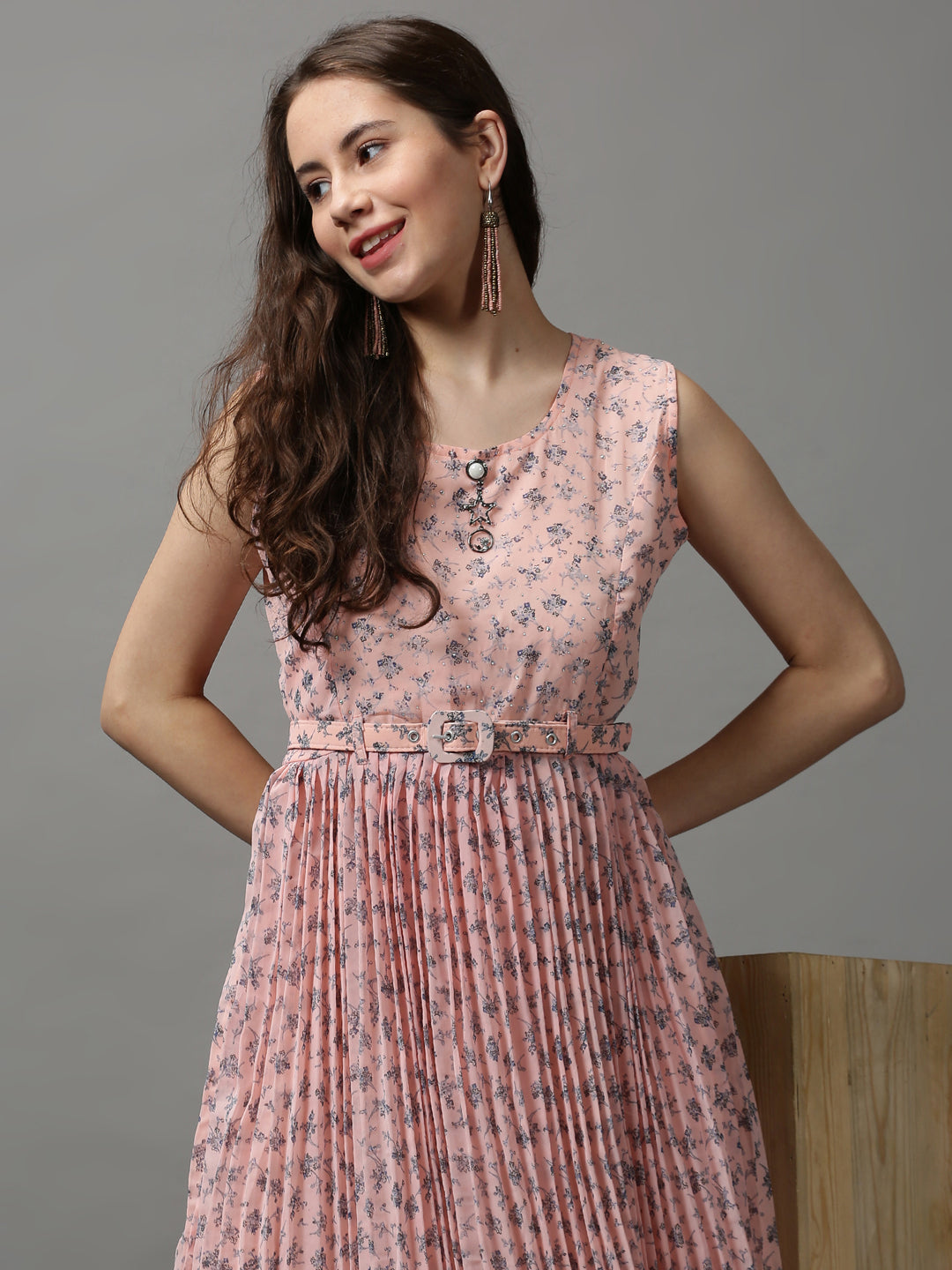 Women's Peach Printed A-Line Dress