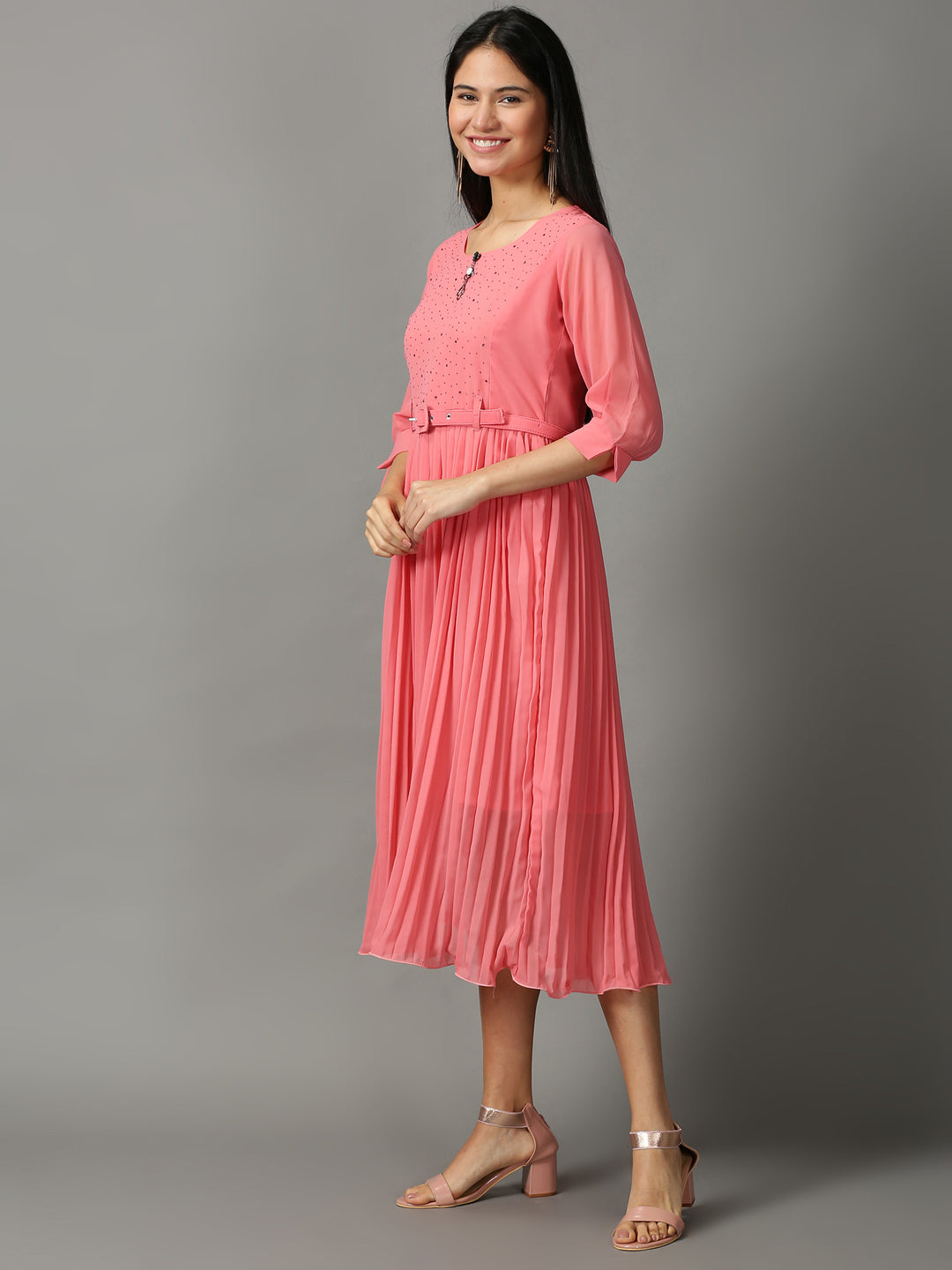 Women's Pink Solid Fit and Flare Dress