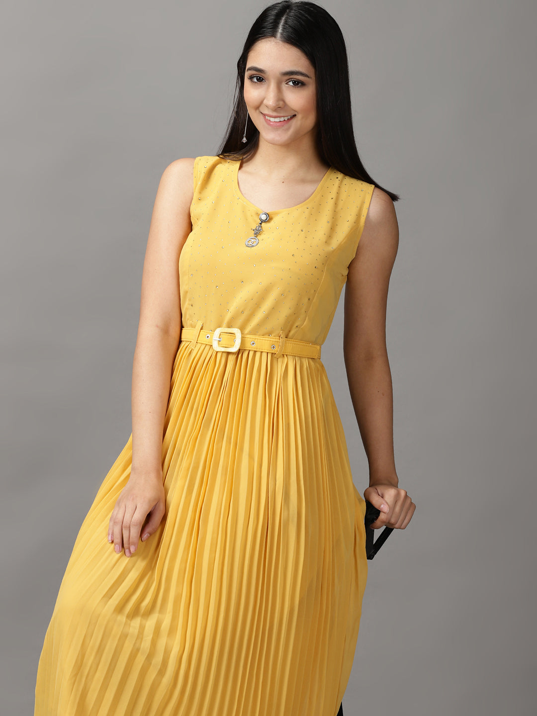 Women's Yellow Solid Fit and Flare Dress