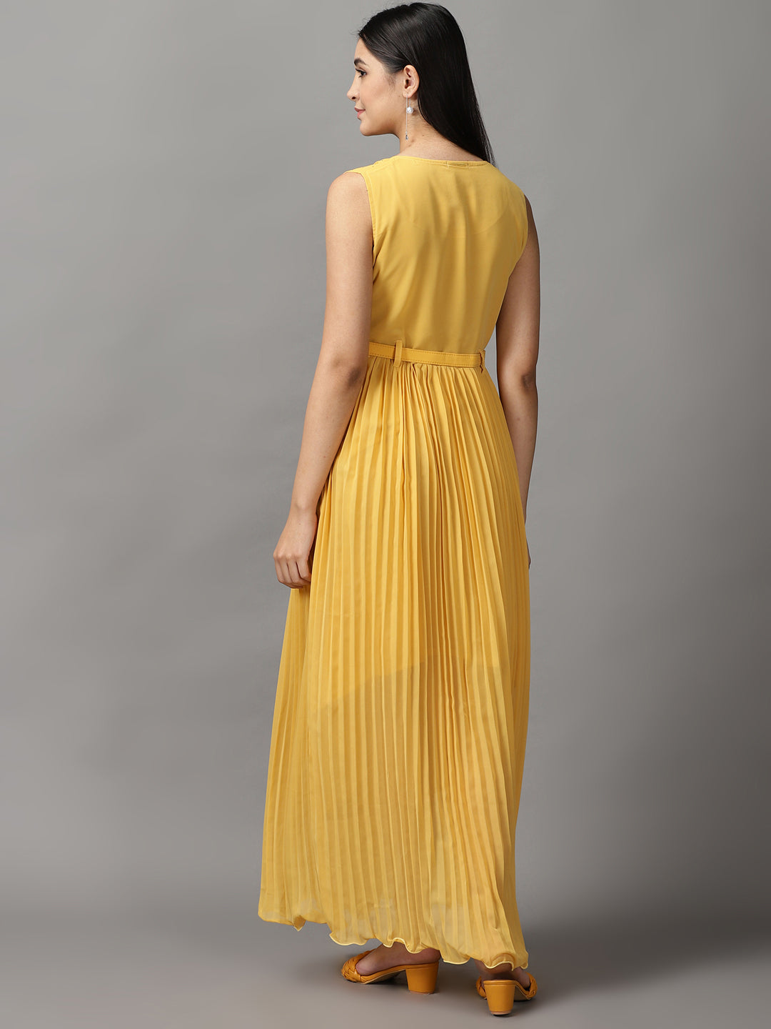 Women's Yellow Solid Fit and Flare Dress