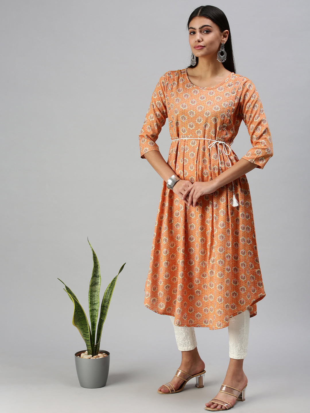 Women's Orange Printed A-Line Kurta