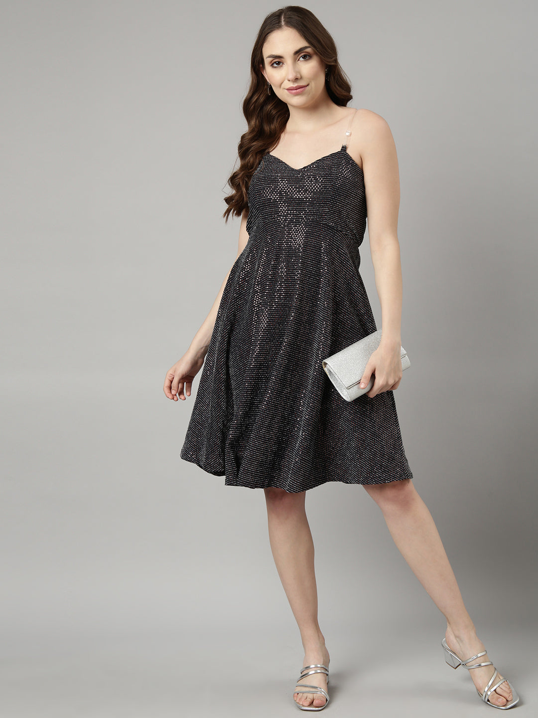 Women Charcoal Embellished Fit and Flare Dress