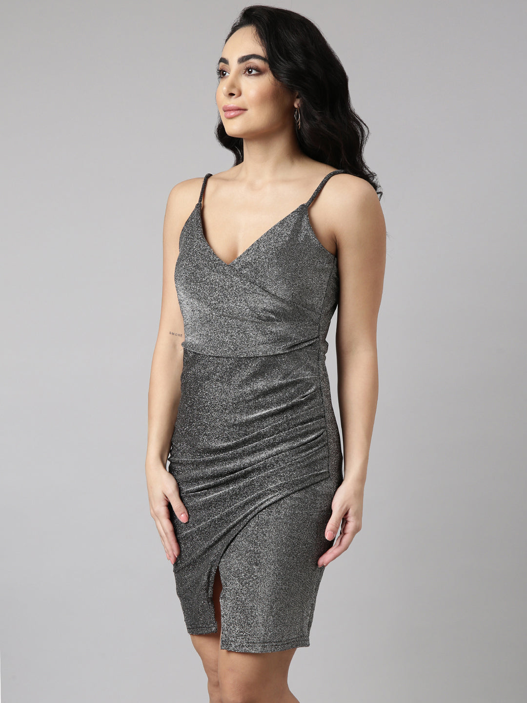 Women Grey Solid Wrap Dress