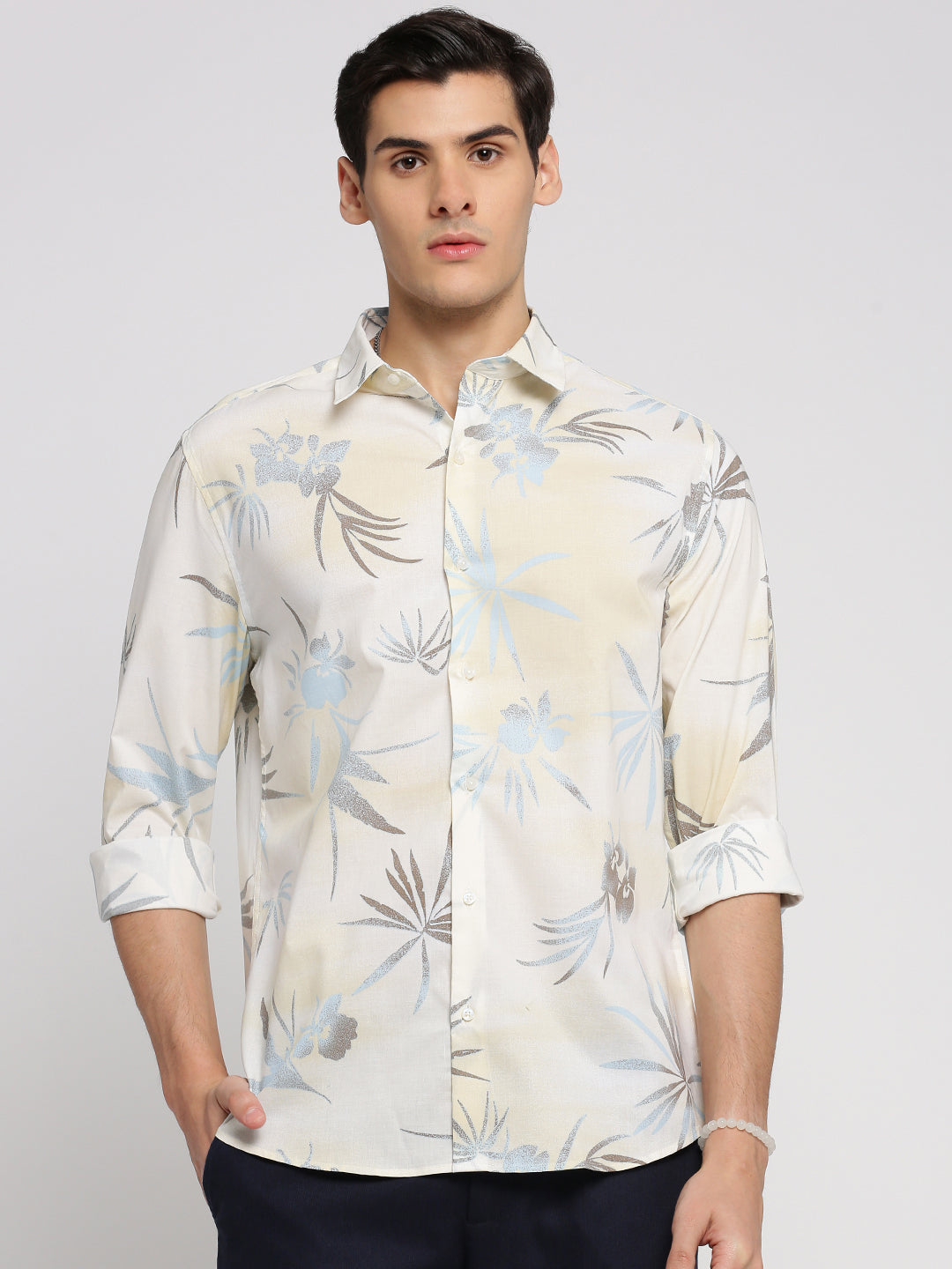 Men Cream Spread Collar Floral Shirt