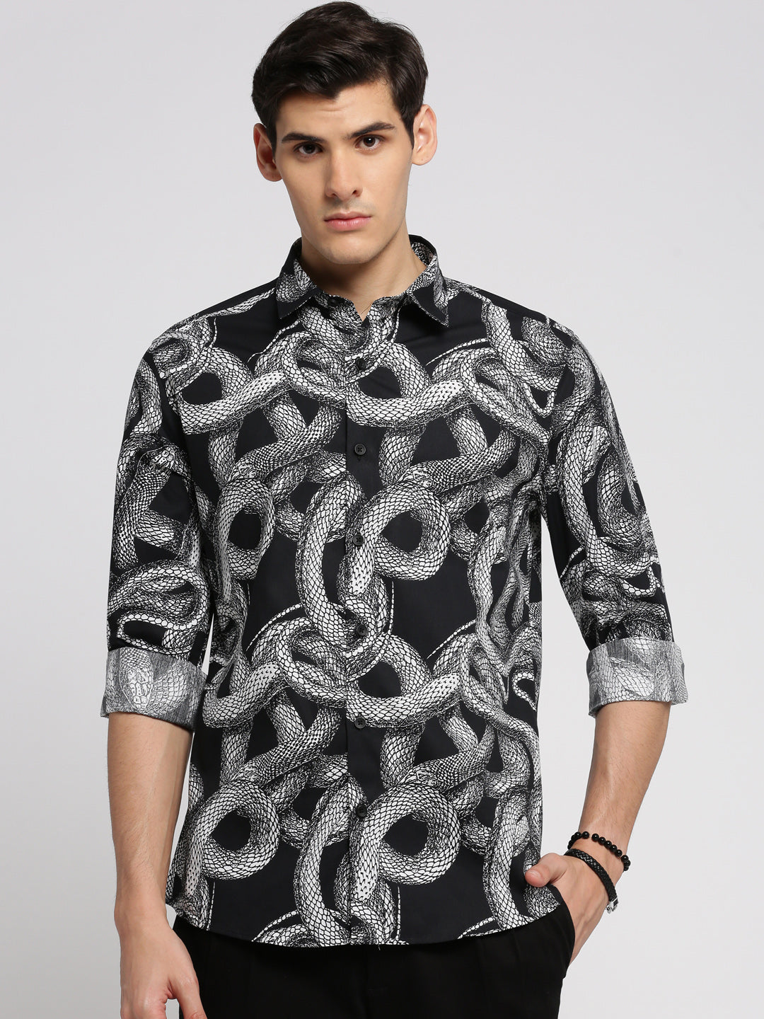 Men Black Spread Collar Animal Shirt