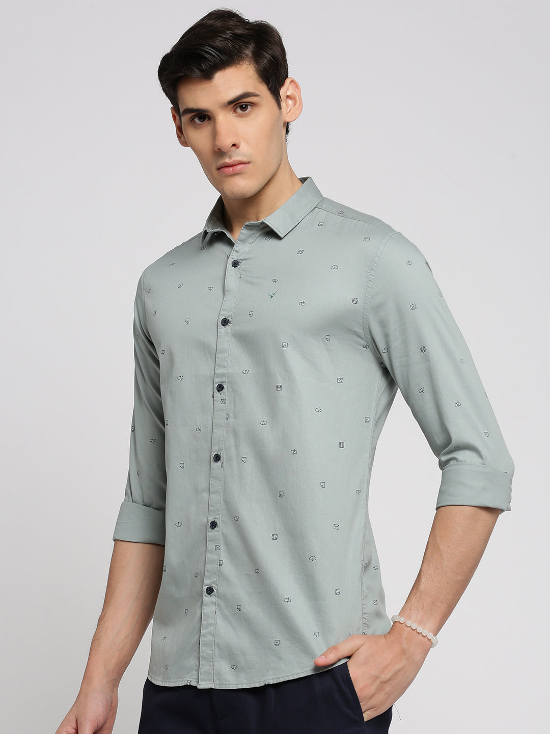 Men Sea Green Spread Collar Graphic Shirt