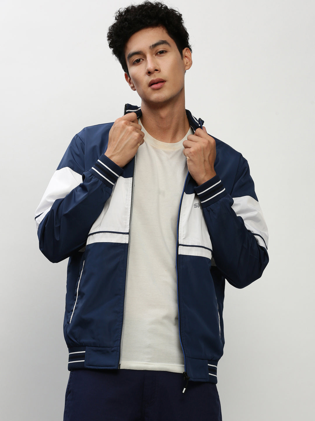 Men Blue Colourblock Casual Bomber Jackets