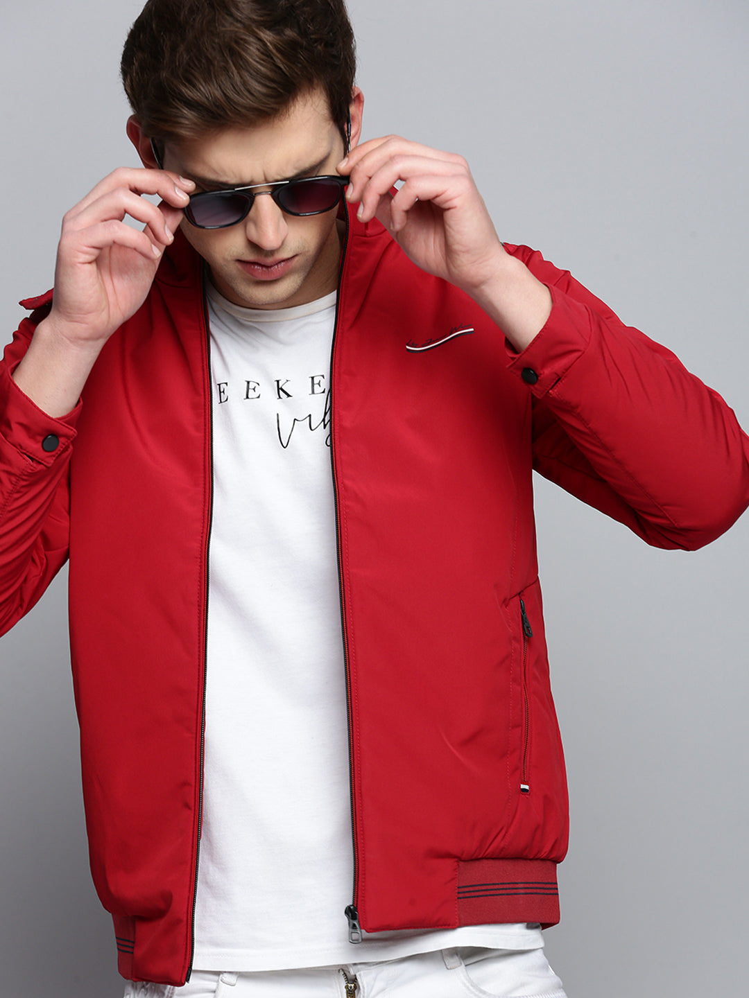 Men Red Solid Casual Jacket