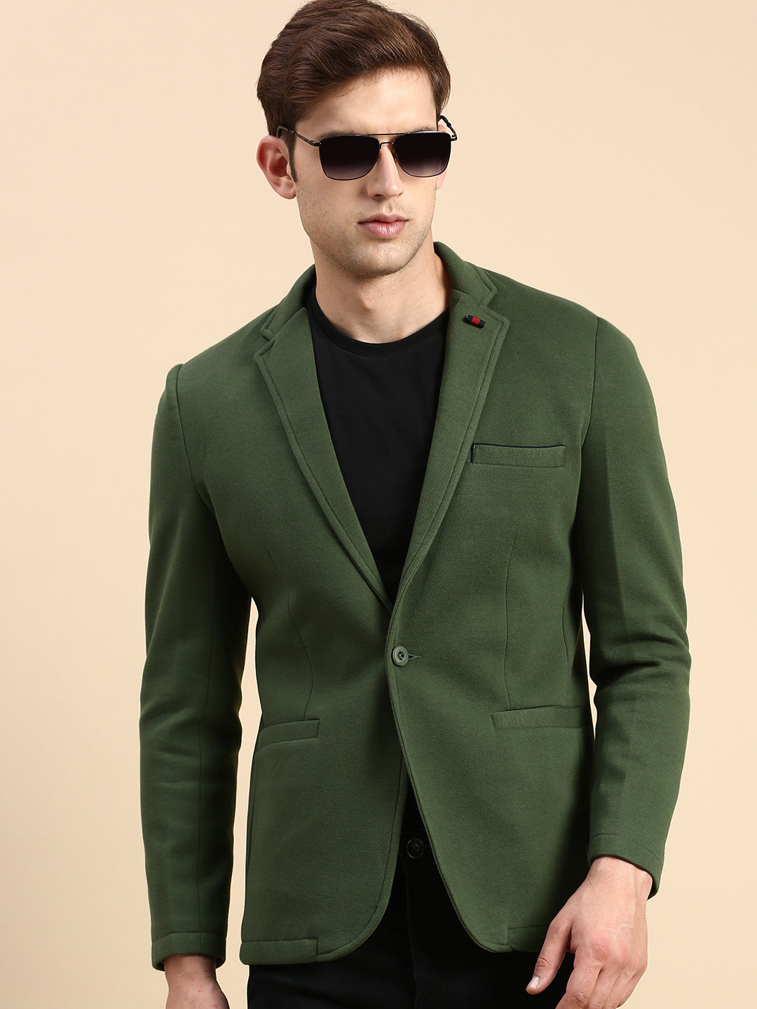 Men Green Solid Casual Blazer