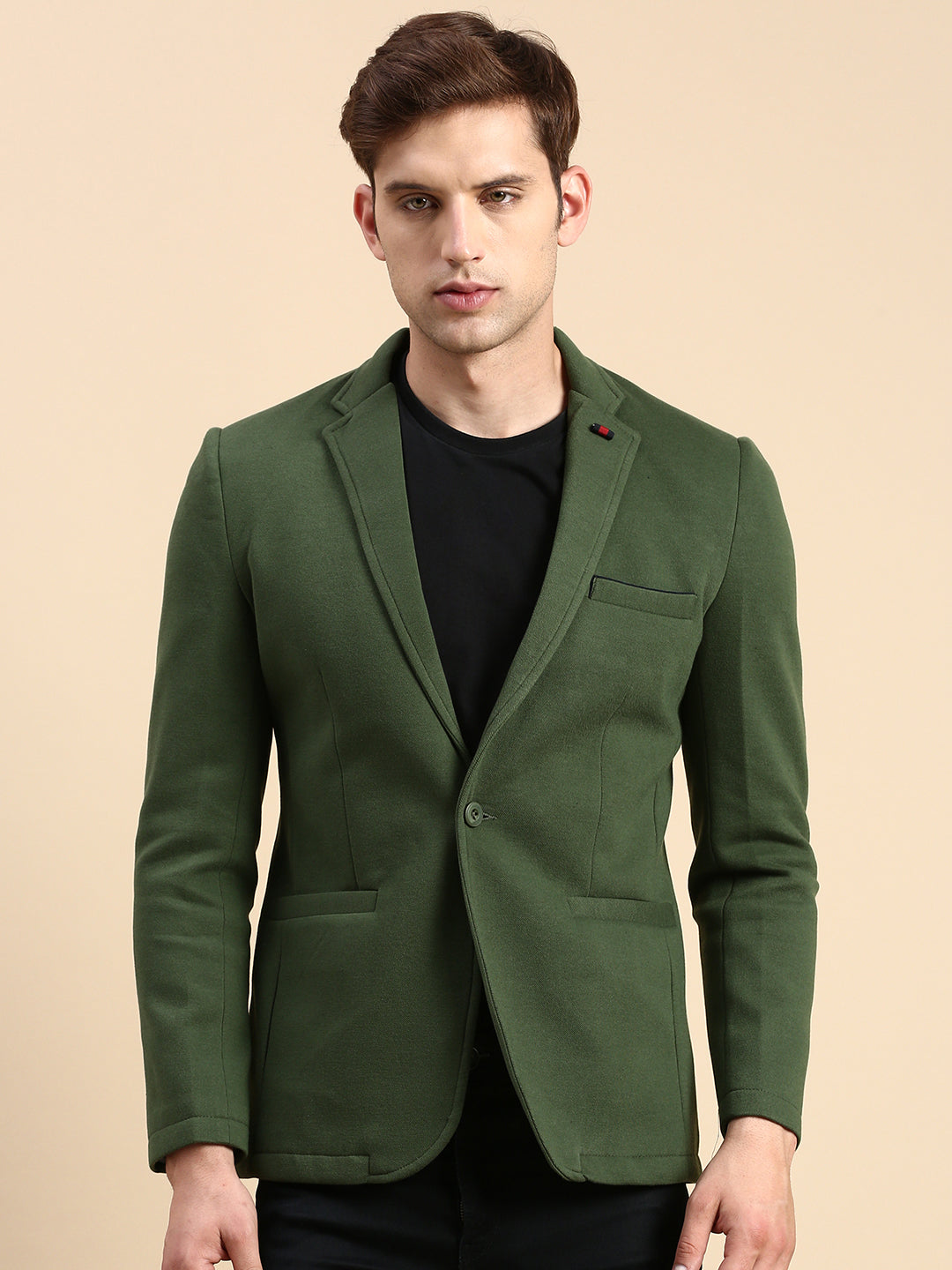 Men Green Solid Casual Blazer