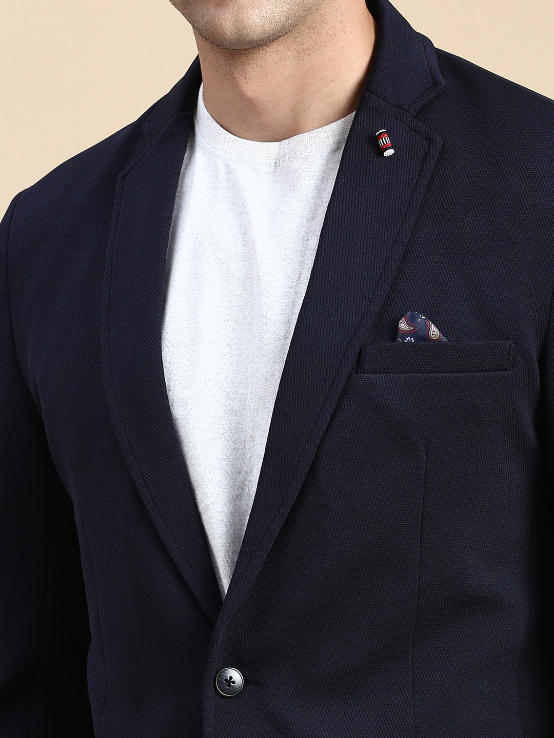 Men Navy Solid Casual Blazer