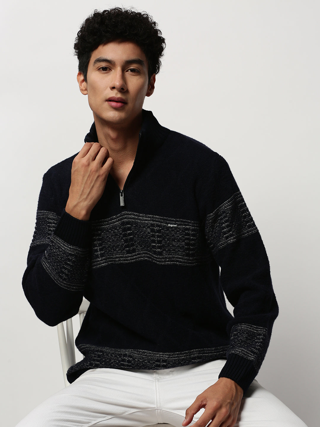 Men Navy Knitted Casual Sweaters