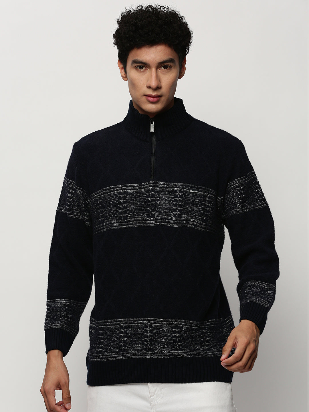 Men Navy Knitted Casual Sweaters