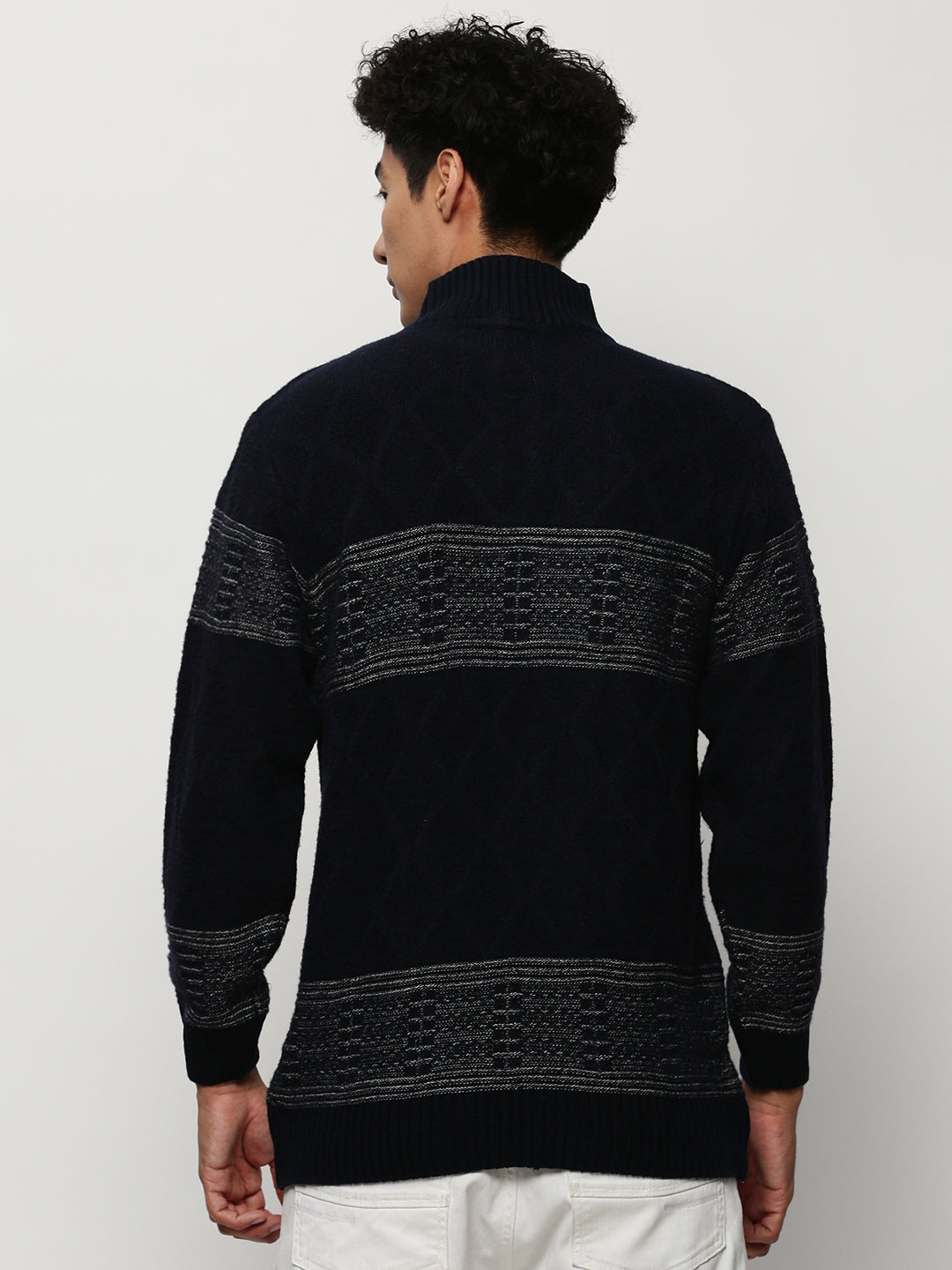 Men Navy Knitted Casual Sweaters